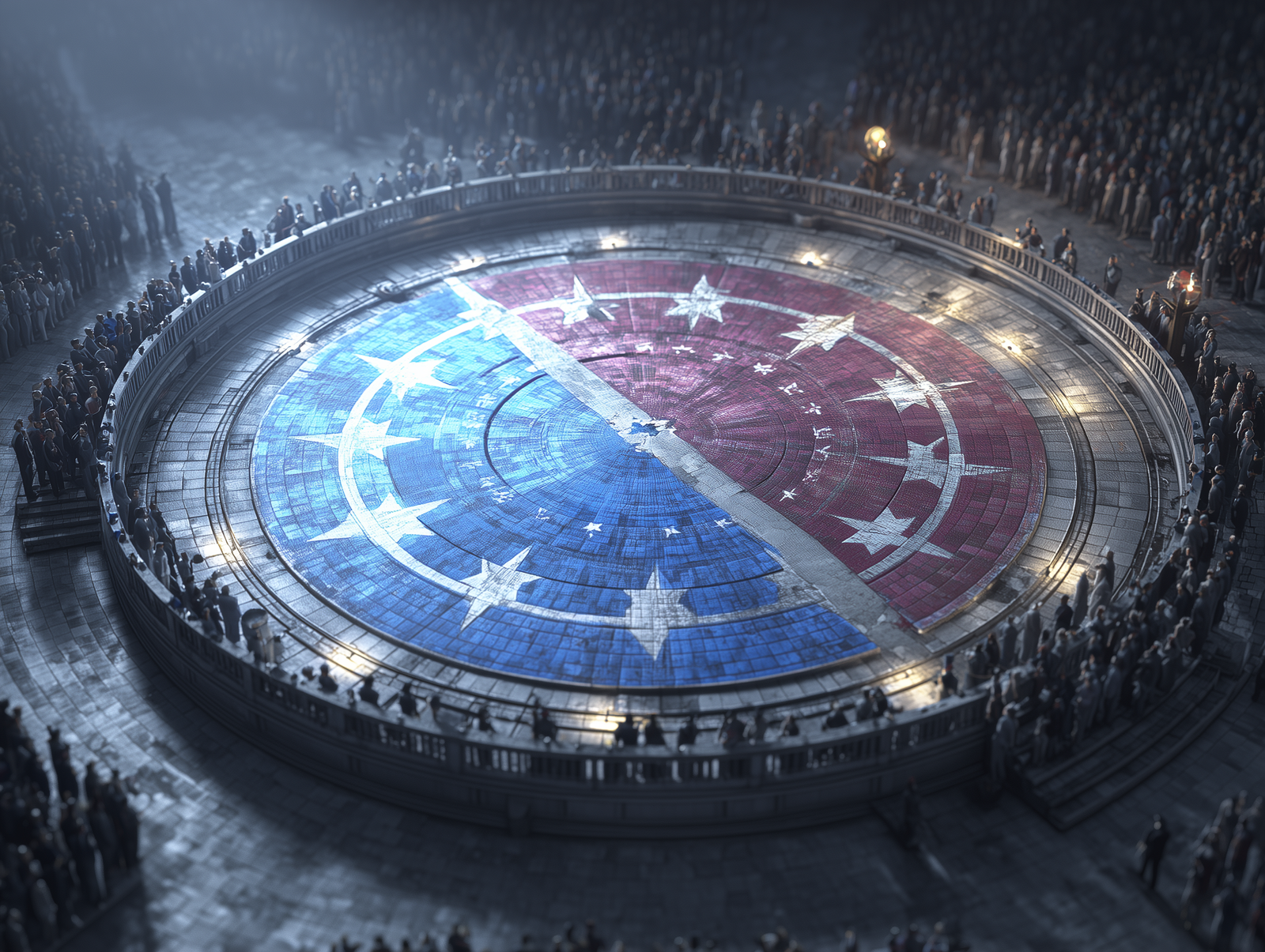 Ein Kompass oder politisches Spektrum auf einer Landkarte, dessen Mitte sichtbar nach rechts verrückt ist. Das Overton-Fenster verschiebt sich.